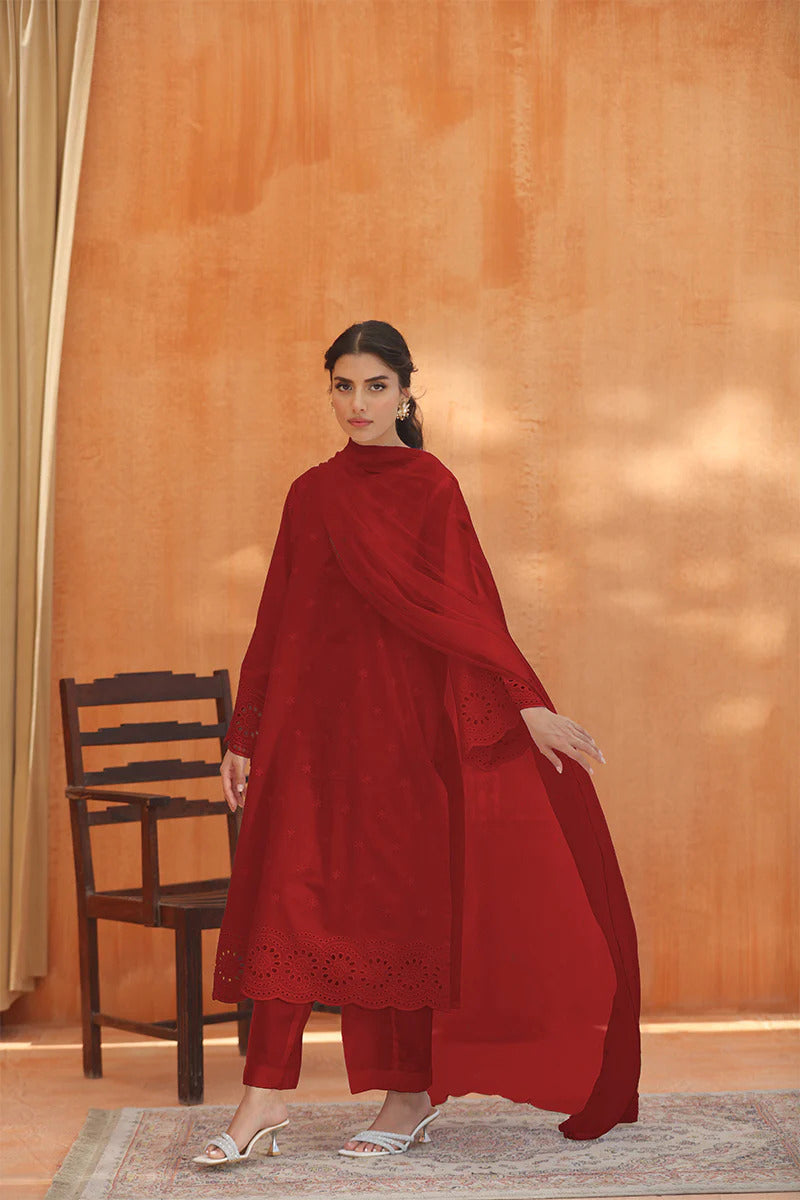 Carmine 3pc With Plain Chiffon Dipatta